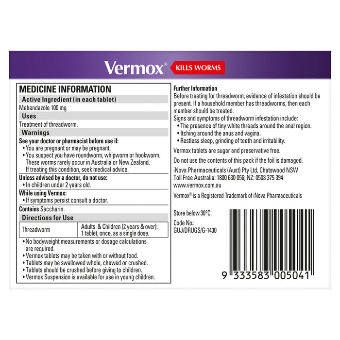 Vermox Tablets 2- Orange Flavoured