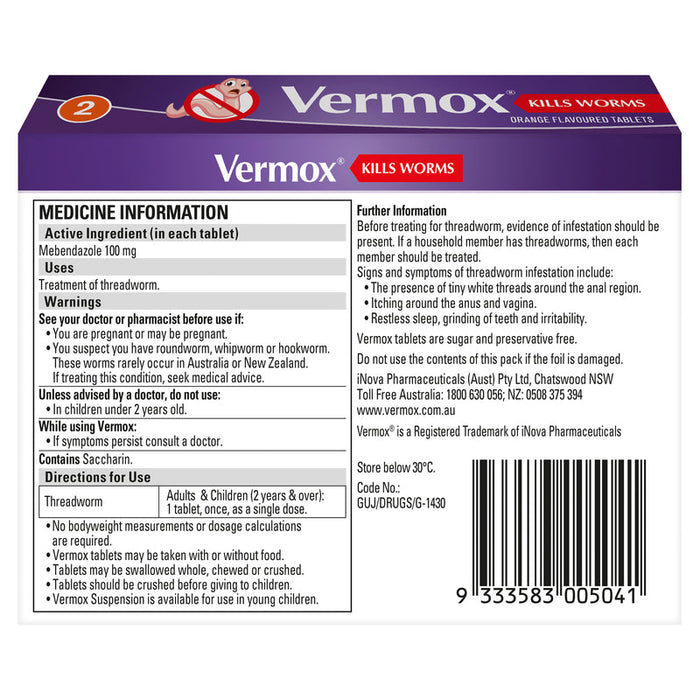 Vermox Tablets 2- Orange Flavoured